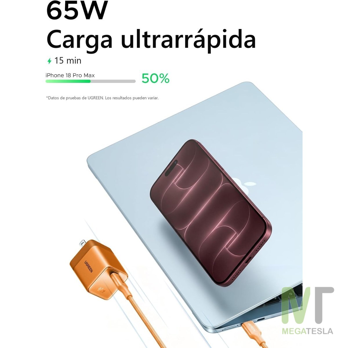 Cargador UGREEN Nexode Air 65W USB-C GaN con Cable de 1 m – Naranja