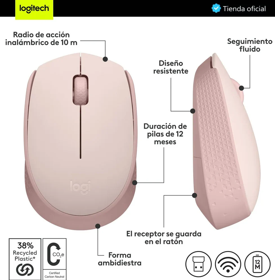 Mouse Inalámbrico Logitech M170 – Ambidiestro – 2.4 GHz – Rosa